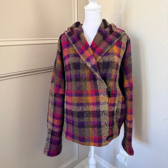 Vintage 80s Missoni Made in Italy Wool Plaid Hooded Toggle Jacket Womens XL Rare - Picture 1 of 12